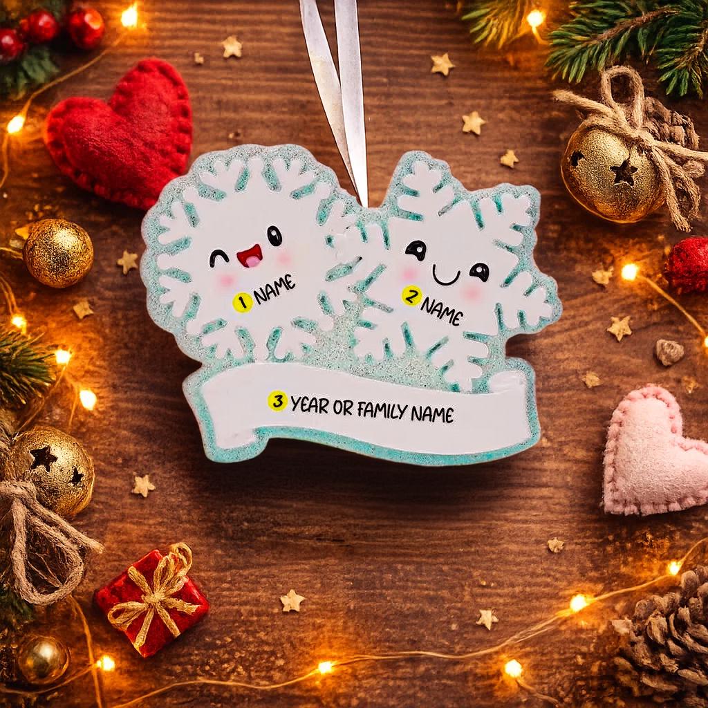 Personalized snowflake couple ornament featuring two smiling snowflakes, customized with two names and a year or family name. A perfect Christmas keepsake for couples, partners, siblings, or loved ones celebrating winter memories together. This festive ornament adds a playful and heartfelt touch to holiday decor, making it a meaningful gift for Christmas, anniversaries, or winter celebrations.

