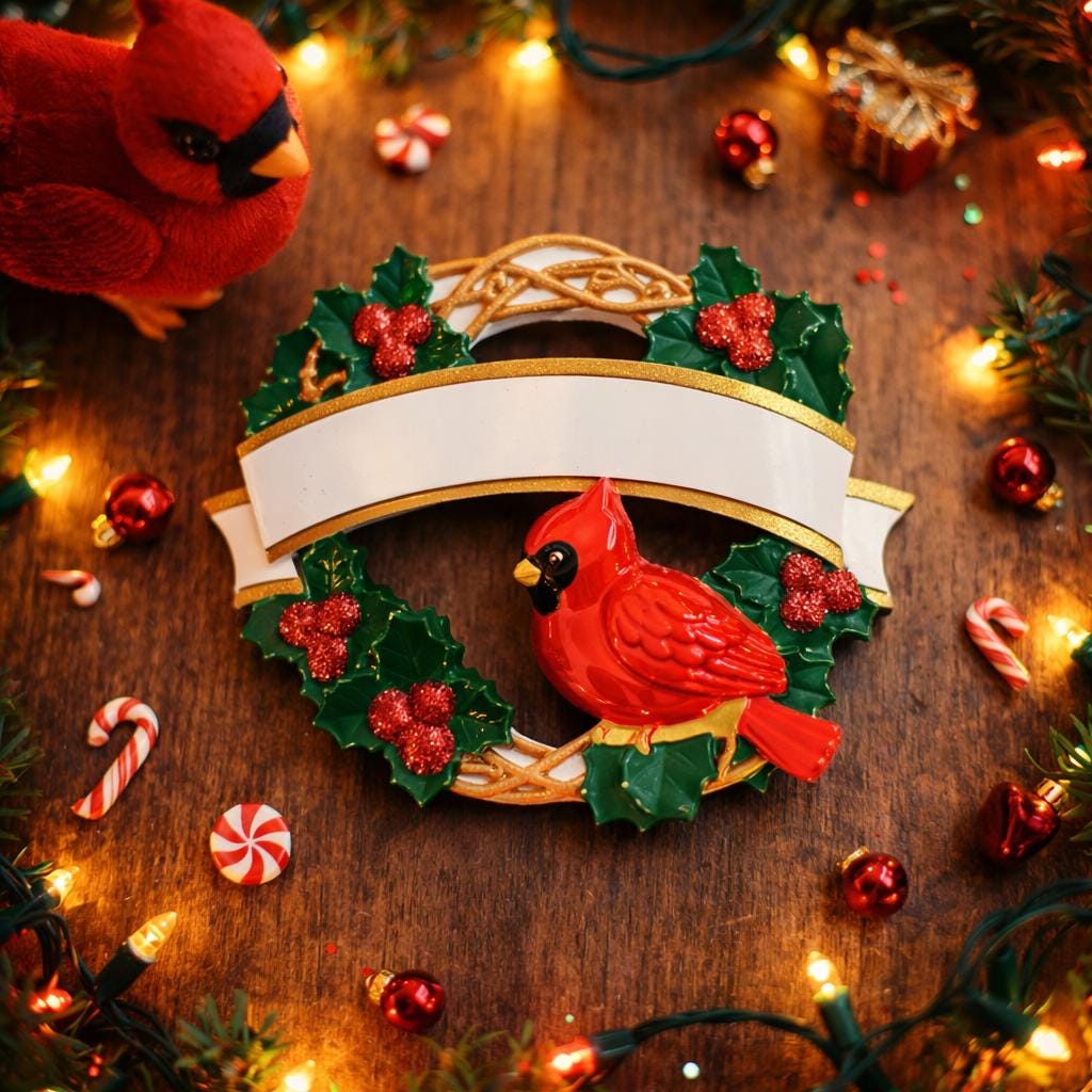Personalized cardinal wreath ornament featuring a vibrant red cardinal bird surrounded by green holly leaves and red berries. Designed with a smooth glossy finish and a raised 3D front with a flat back for easy hanging. Includes free handwritten personalization with one name and year displayed on the banner at the top. Styled in a warm festive holiday setting with soft Christmas lights candy details and seasonal decor. A meaningful Christmas tree ornament symbolizing remembrance love and connection perfect 