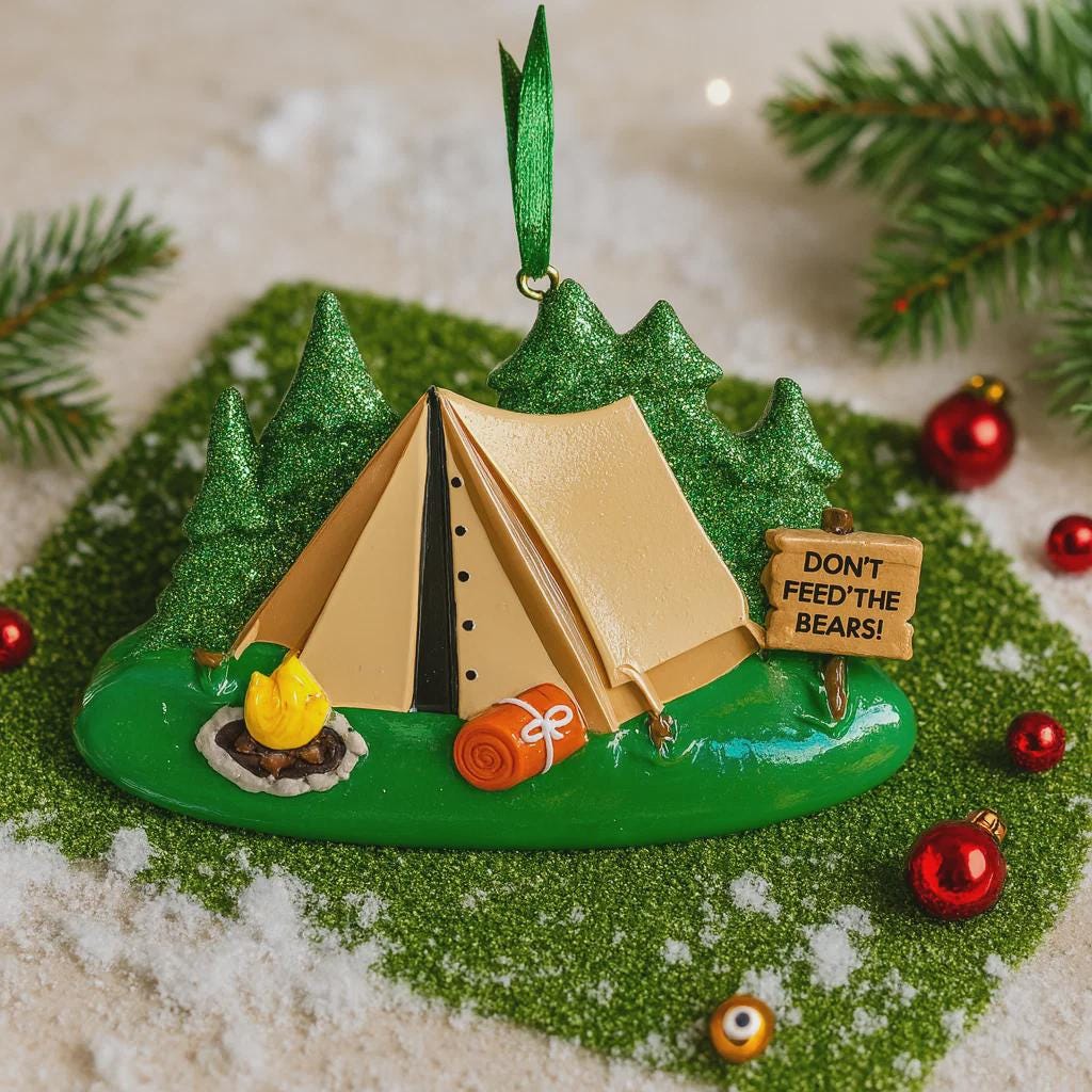Decorative camping ornament with a tent, sign, and pine trees on a green base.