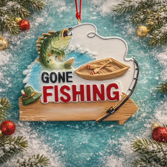 Fishing-themed Christmas ornament with 'Gone Fishing' sign and fish on a snowy background.