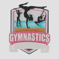 Load image into Gallery viewer, Personalized gymnastics Christmas ornament featuring elegant gymnast silhouette figures in motion, customizable name area on the front banner and customizable year area above the banner, glossy finish with raised 3D front details and flat 2D back, white hanging ribbon, displayed on a soft pink snowy holiday background with festive ornaments greenery and warm Christmas decor.

