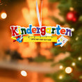 Load image into Gallery viewer, Colorful 'Kindergarten' sign with educational elements on a blurred Christmas tree background.

