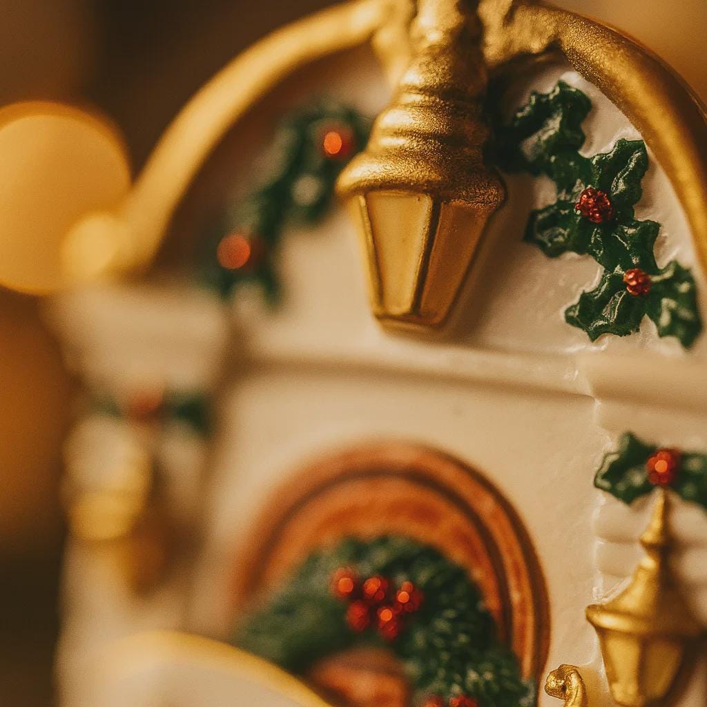 Decorative Christmas ornament with gold accents and holly design.