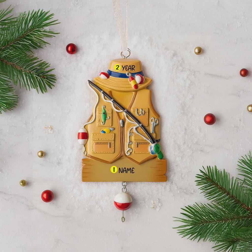 Decorative fishing vest ornament with customizable text on a light gray background with Christmas decorations.