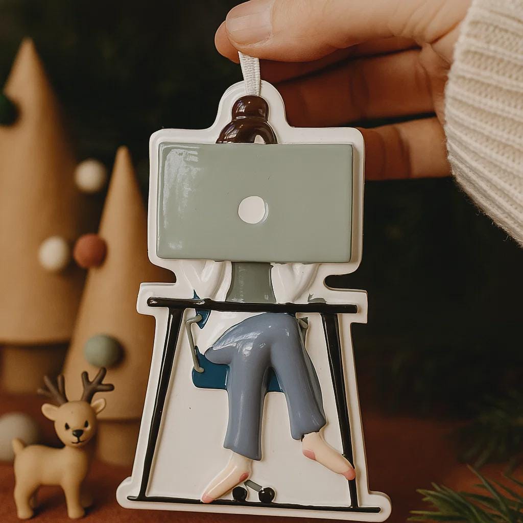 Decorative ornament of a person on a treadmill with a laptop, held by a hand.