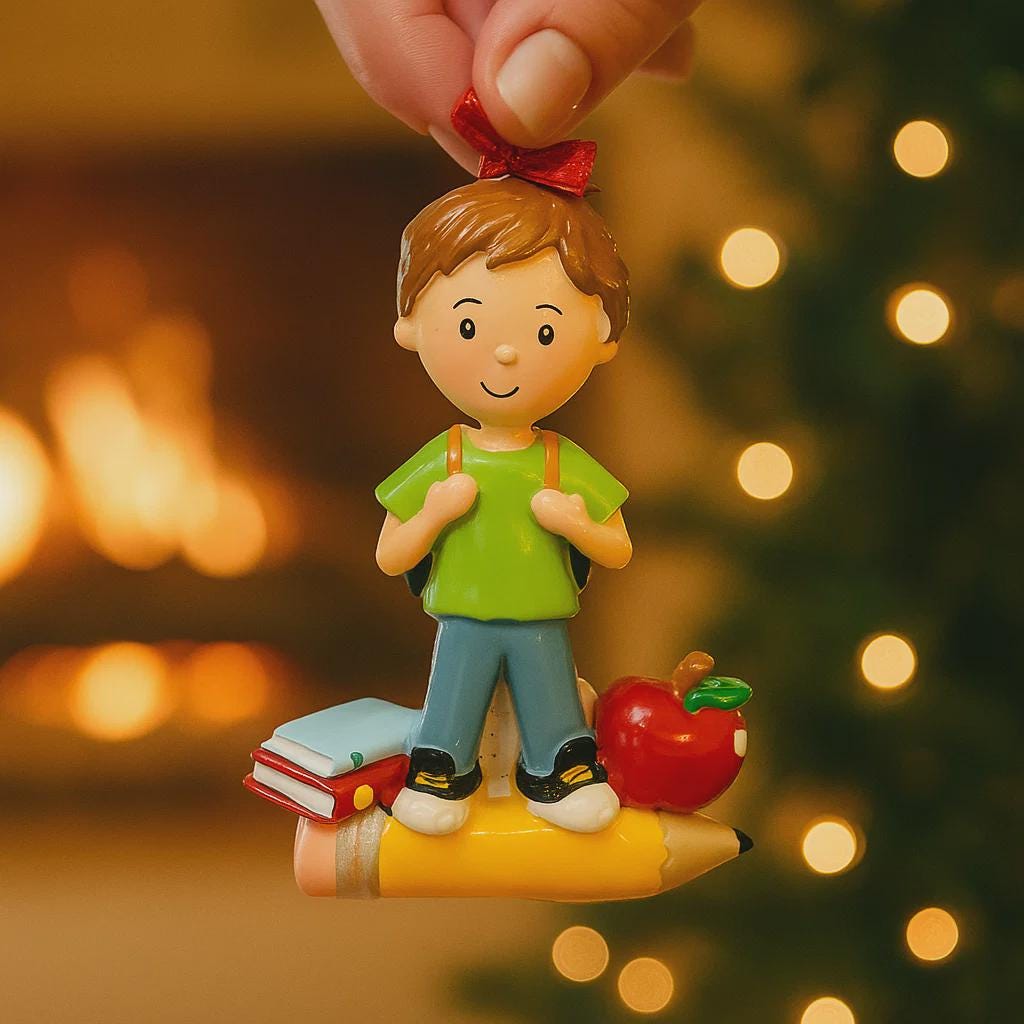 Figurine of a boy with a green shirt and backpack, standing on a pencil with a red apple, against a blurred Christmas tree and fireplace background.