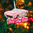 Load image into Gallery viewer, Personalized pink convertible car Christmas ornament with custom name detail and “Best Day Ever” text. This retro style pink car holiday ornament features raised 3D front details and a lightweight flat back design, perfect for Christmas tree décor. A fun keepsake gift for girls, car lovers, birthdays, graduations, or celebrating a special milestone during the holiday season.
