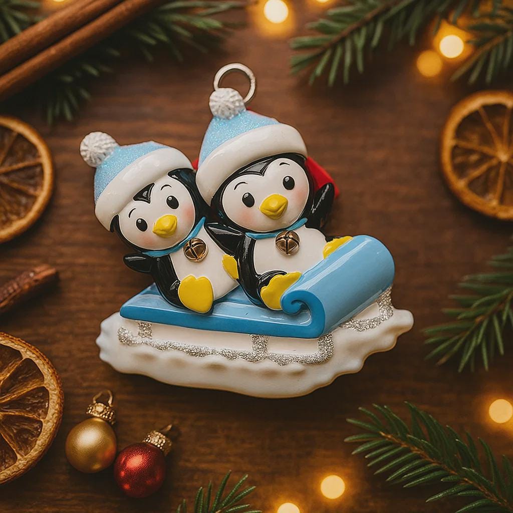 Decorative penguin ornament on a wooden surface with Christmas decorations.