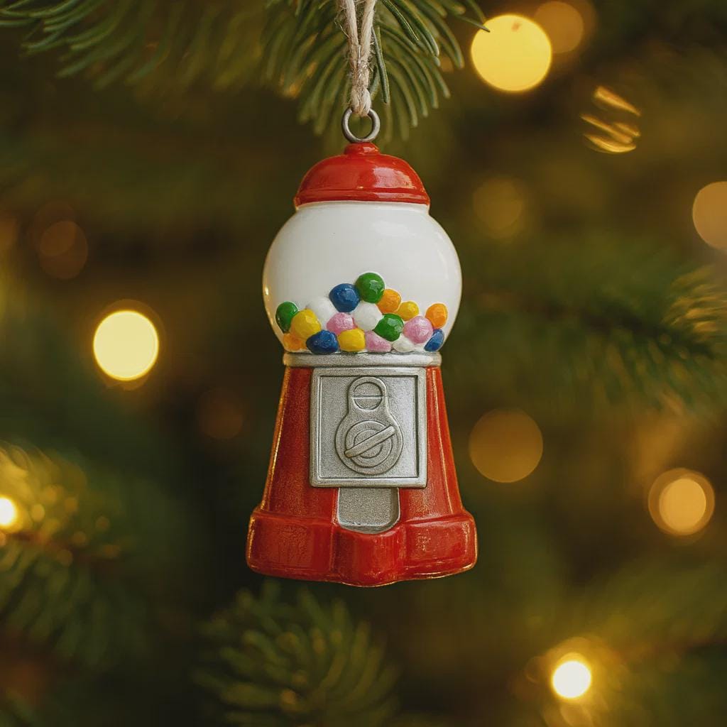 Gumball machine ornament hanging on a Christmas tree with blurred lights in the background