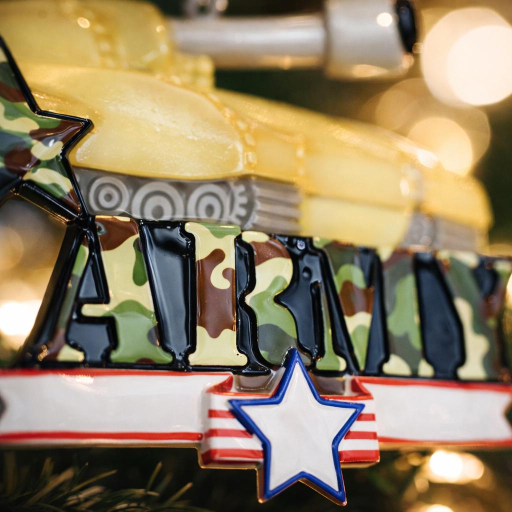 A resin Army tank ornament in bold yellow features a cartoon style military tank with detailed black tracks and raised cannon, camouflage green ARMY lettering across the front, a star accent and American flag inspired base, surrounded by snow texture and festive holiday elements, with handwritten personalization showing one name on the left banner and the year on the right banner, designed as a mostly 2D ornament with raised 3D details on the front only for lightweight Christmas tree decor.