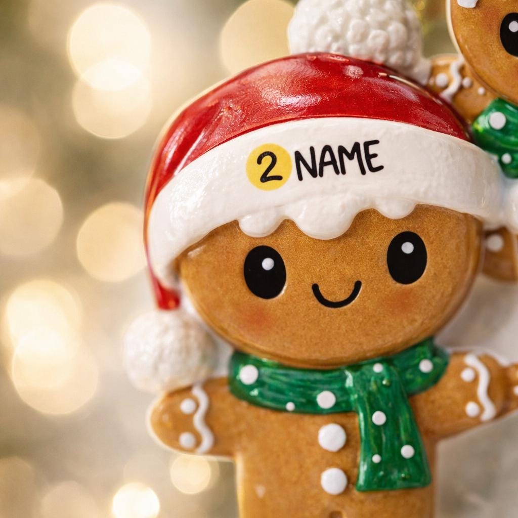 Gingerbread man figurine with a red hat and green scarf against a blurred light background
