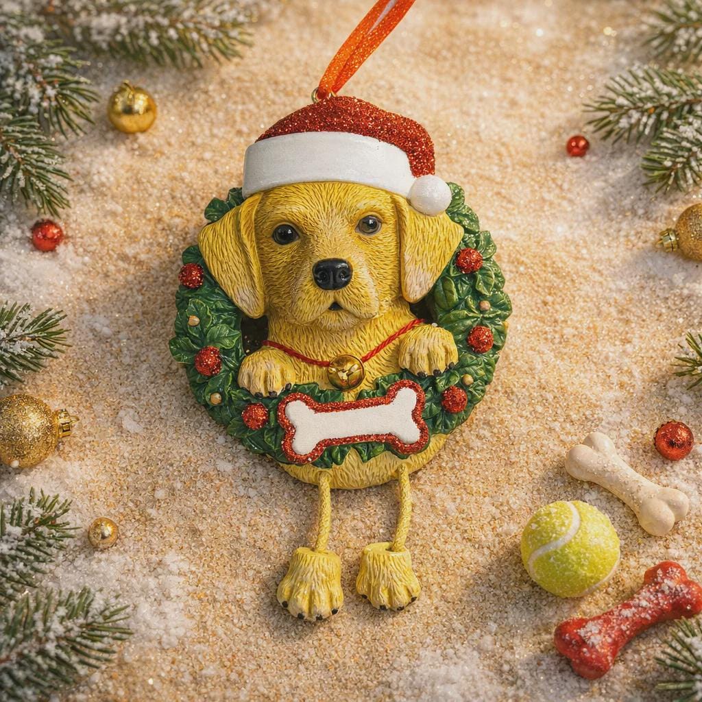 Dog Christmas ornament with a wreath and Santa hat on a decorative background with ornaments and a ball.