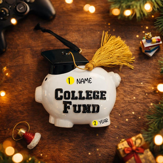 White piggy bank with graduation cap and tassel on a wooden surface with Christmas decorations.