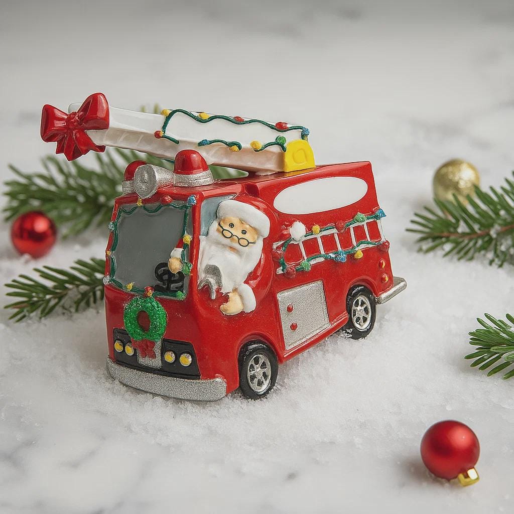 Red fire truck ornament with Santa Claus on a snowy background