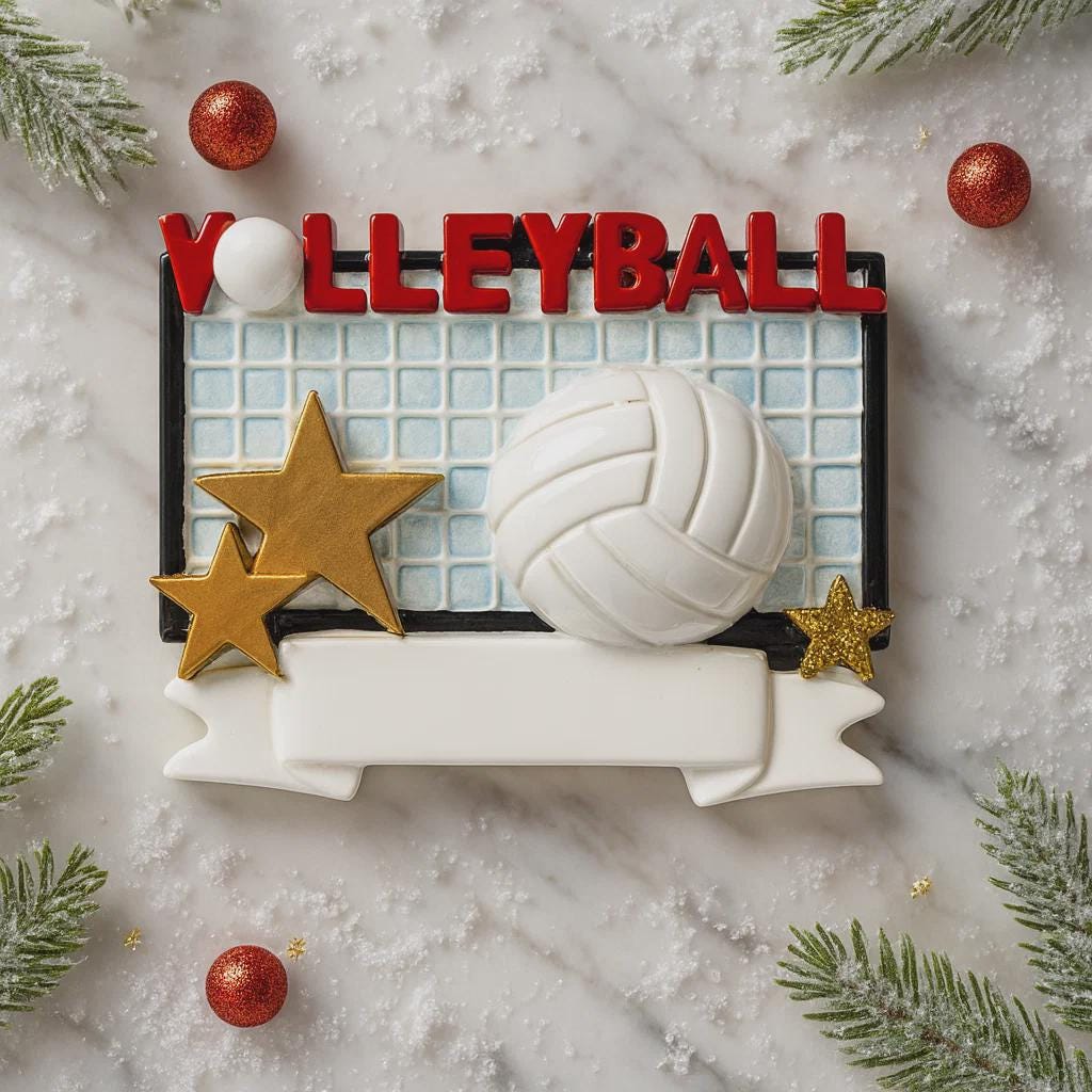 Decorative sign with 'Volleyball' text, volleyball ball, and stars on a snowy background.