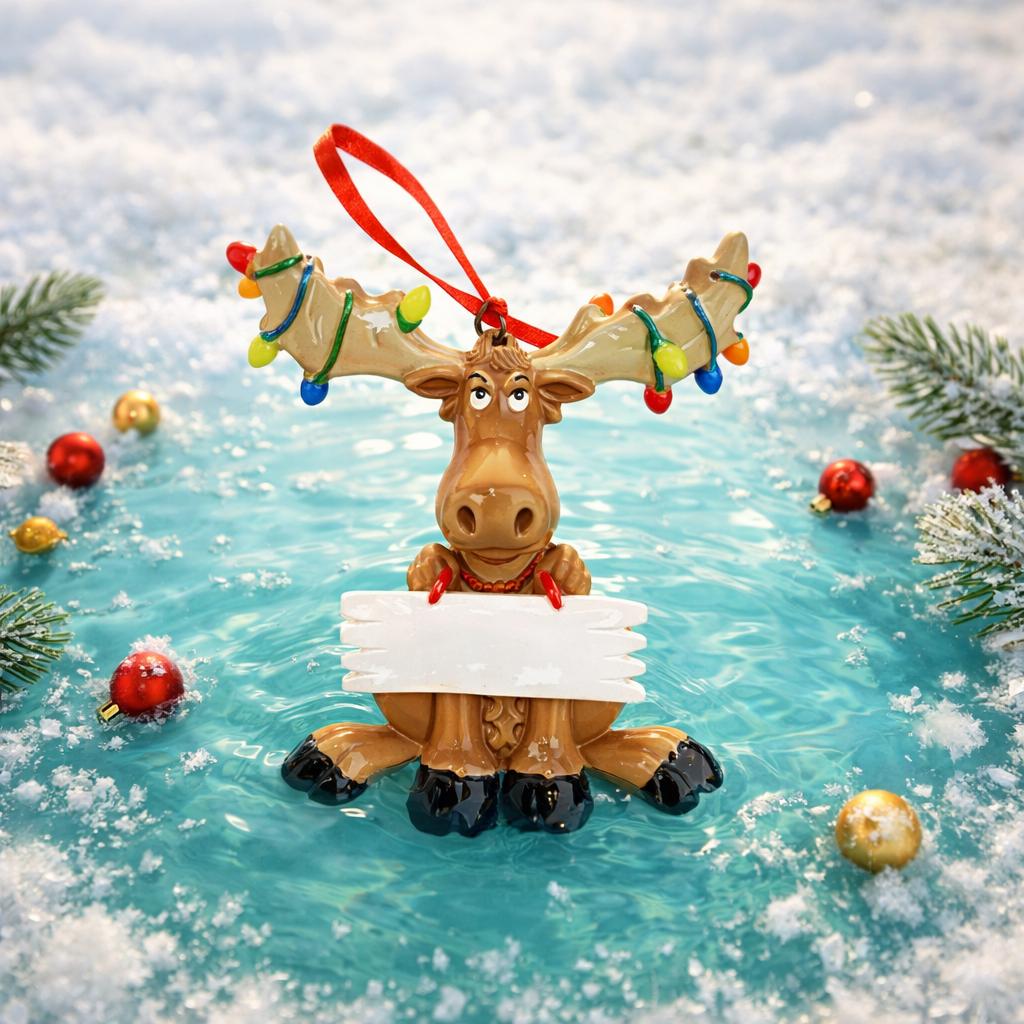 Decorative moose ornament with a blank sign on a snowy background