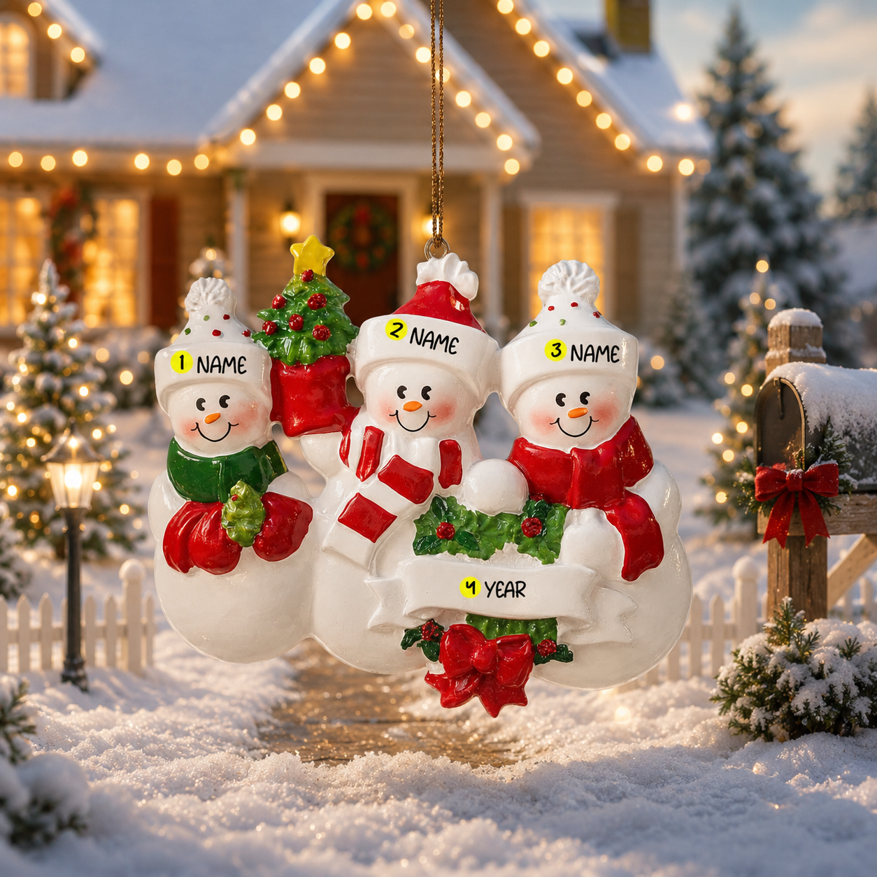 Snowman Family of 3 Christmas Ornament | Personalized Names and Year | Winter Tree Decor Keepsake