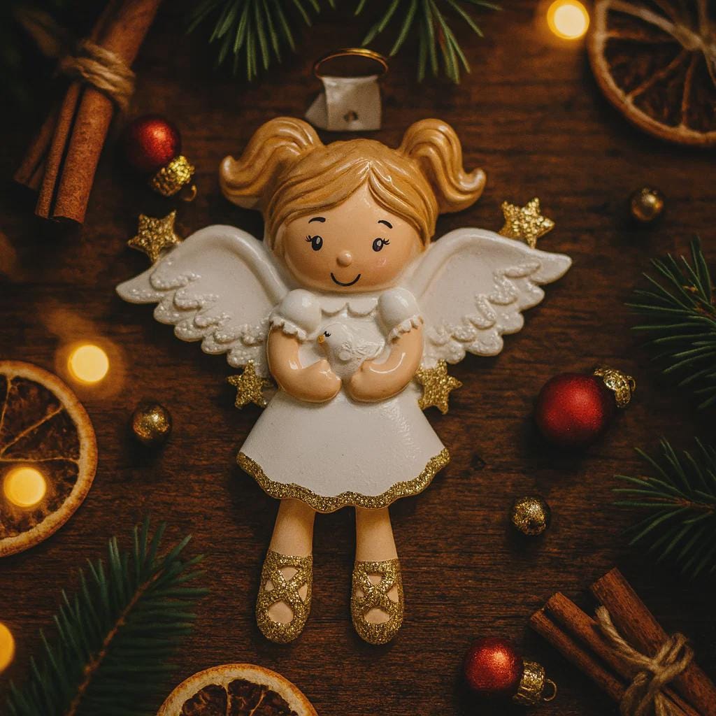 Decorative angel figurine with a dove surrounded by Christmas decorations on a wooden surface.