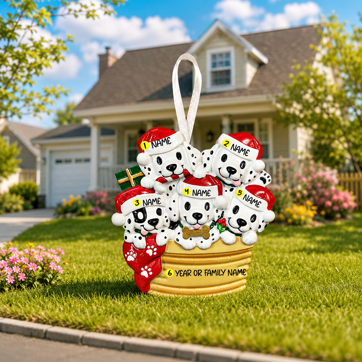 Decorative ornament with dalmatian dogs in Santa hats on a grassy lawn with a house in the background.