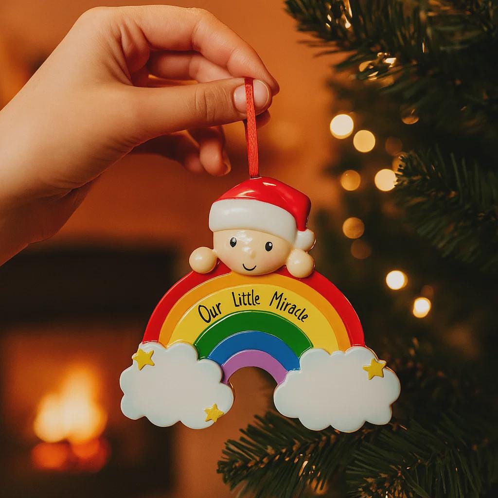 Decorative ornament with a rainbow and baby figure, held by a hand against a Christmas tree background.