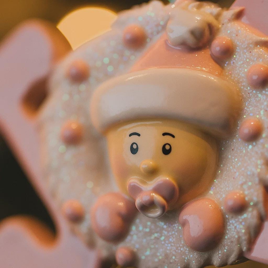 Decorative ornament item with a cartoonish face and pink hat on a glittery background