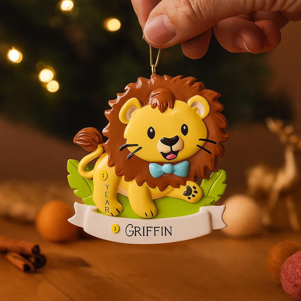 Lion themed Christmas ornament designed with a playful and colorful style, perfect for kids and animal lovers. This ornament features a lion character standing on a grassy base with a glossy finish and cheerful details. The design includes a personalization option, allowing a custom name and year to be added, making it a meaningful keepsake for children or family holiday traditions. Ideal for Christmas trees, nursery decor, or as a unique personalized gift for animal themed celebrations.