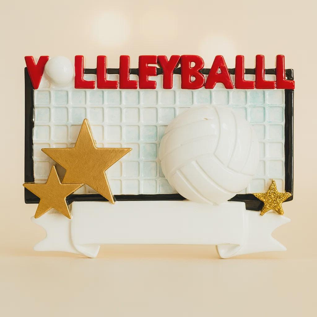 Decorative sign with 'Volleyball' in red letters, stars, and a volleyball on a beige background.