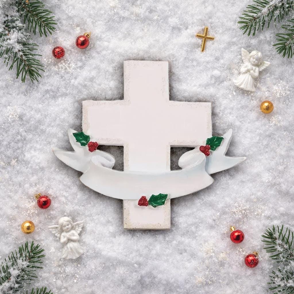 Personalized memorial cross ornament featuring a classic white cross design with a smooth matte finish and gentle holiday accents. Includes free handwritten personalization with name and year displayed on the front. Designed with a raised 3D front and flat back for easy hanging. A meaningful keepsake ornament created to honor loved ones and cherish memories during the holiday season. Perfect for remembrance decor faith inspired gifts and Christmas tree display.