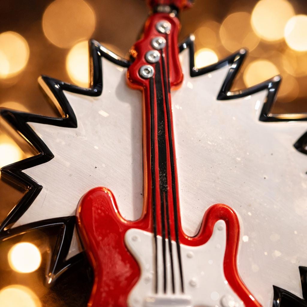 Decorative ornament shaped like a red electric guitar with a white background