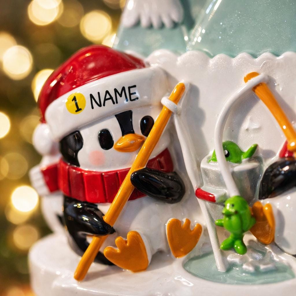 Decorative penguin ornament with a fishing rod and green fish, against a blurred festive background.