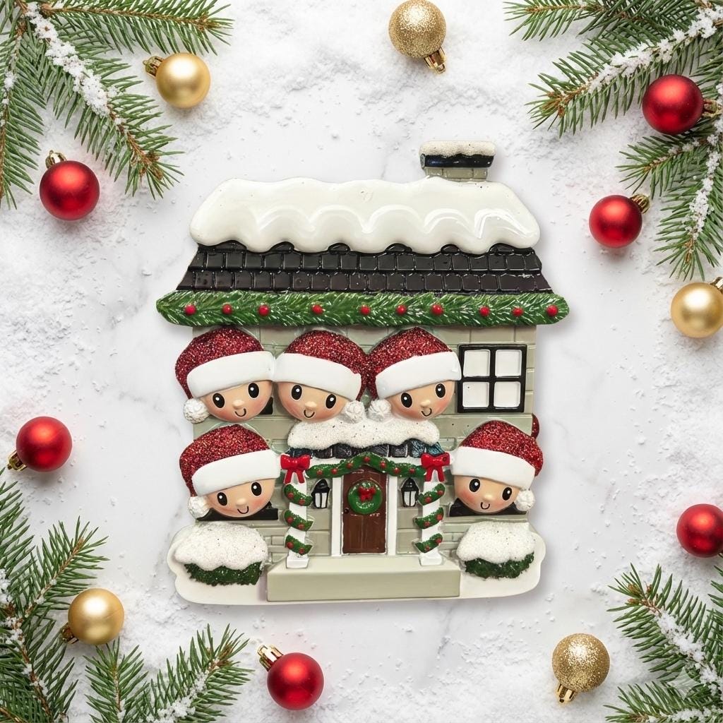 Personalized Family of 5 House Ornament | New Home Holiday Keepsake