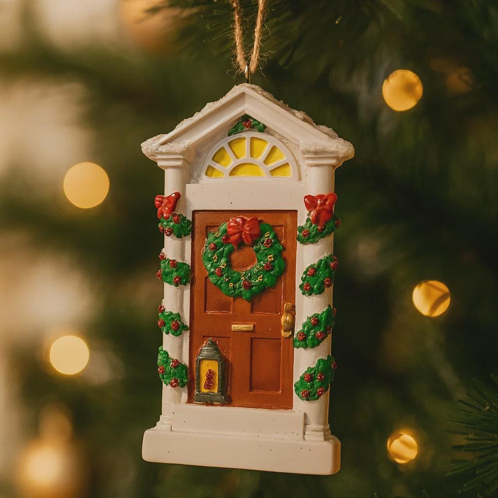 Decorative Christmas door ornament with wreath and lights on a tree