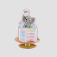 Load image into Gallery viewer, Personalized gender reveal Christmas ornament for baby girl featuring a pastel cake design with a cute elephant topper and its a gender message, soft pink and blue tones with layered cake details and glossy finish, styled as a sweet holiday keepsake for expecting parents, baby announcement and first Christmas memories, displayed on a warm wooden background with cozy Christmas lights, baby shoes and festive decor creating a joyful and heartwarming celebration scene
