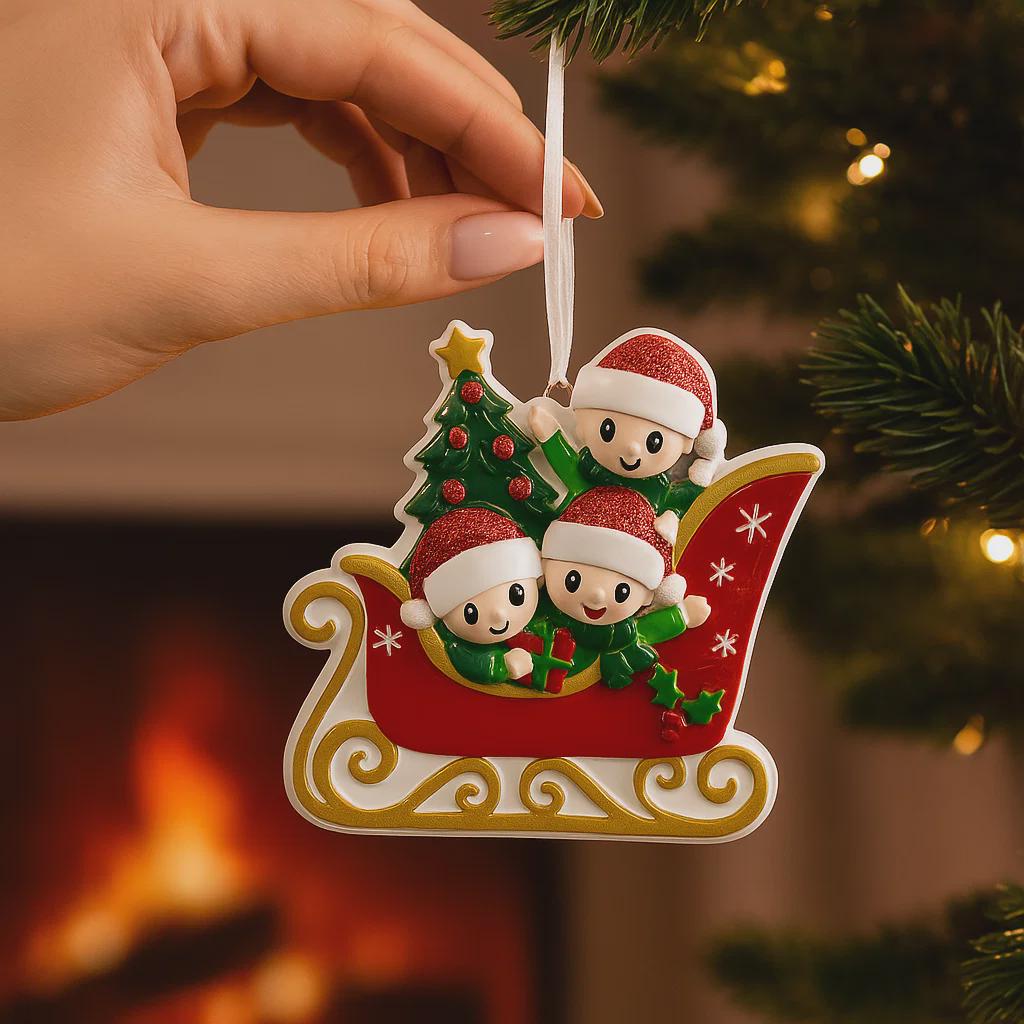 Christmas ornament with three children in a sleigh, held by a hand in front of a lit fireplace.