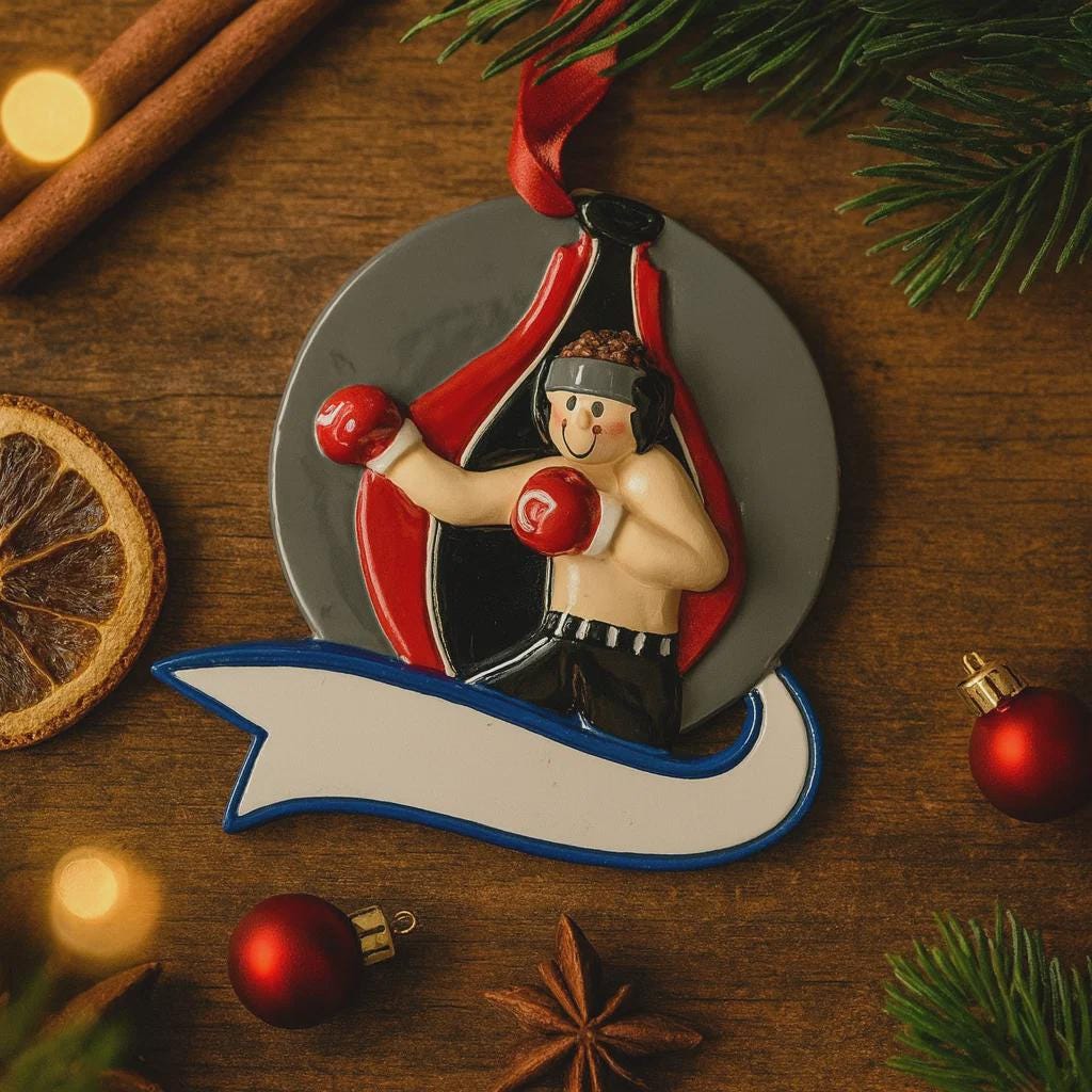 Decorative boxing glove ornament on a wooden surface with Christmas decorations.