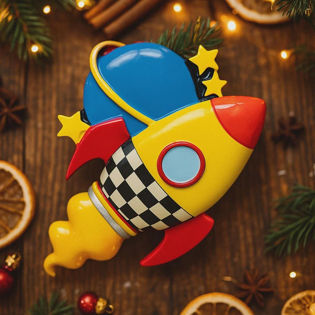 Colorful rocket-shaped Christmas ornament on a wooden surface with festive decorations.
