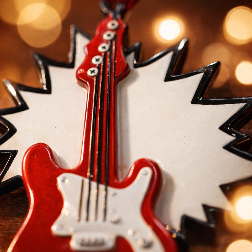 Decorative ornament shaped like a red electric guitar with a starburst background