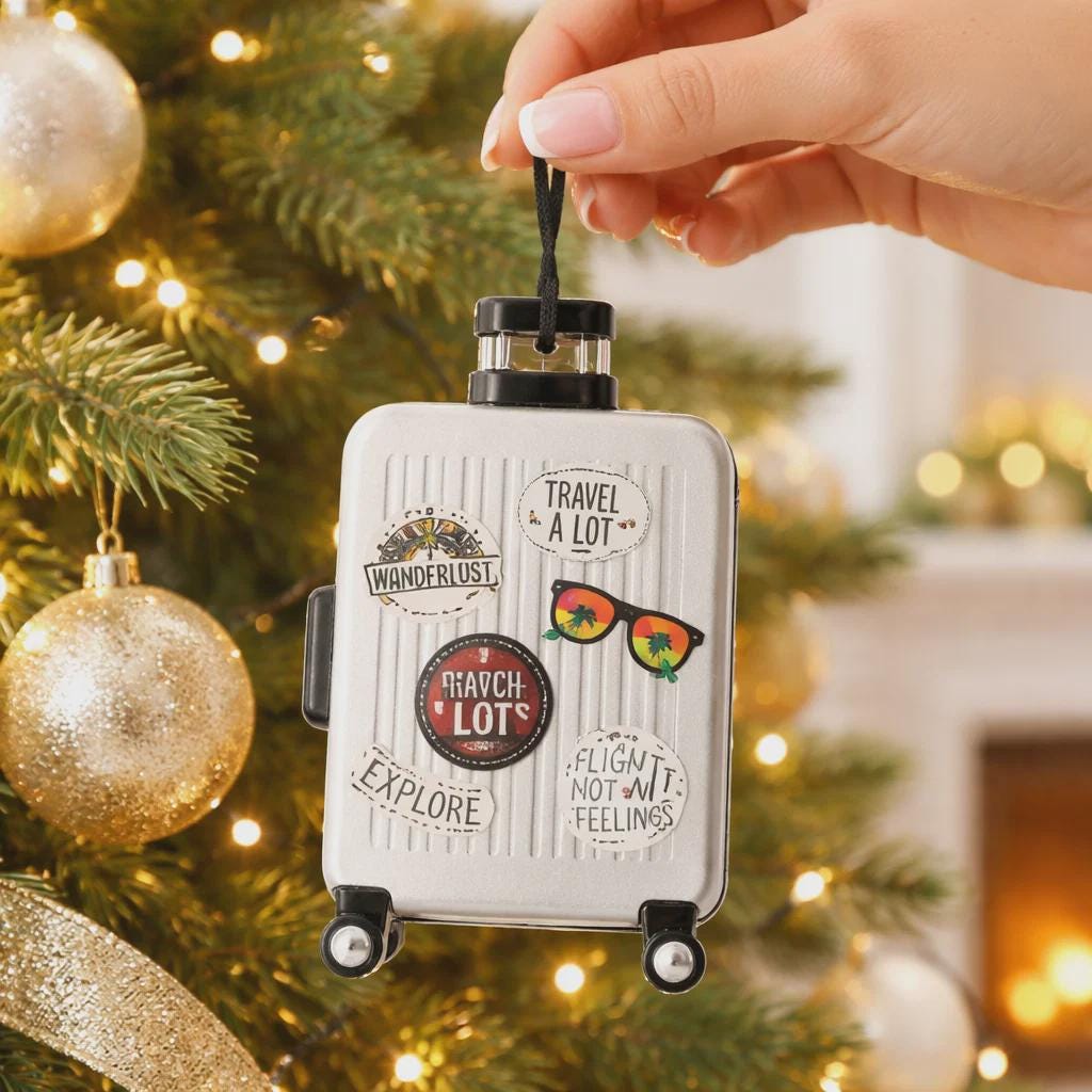 Small suitcase ornament with travel-themed stickers on a Christmas tree.