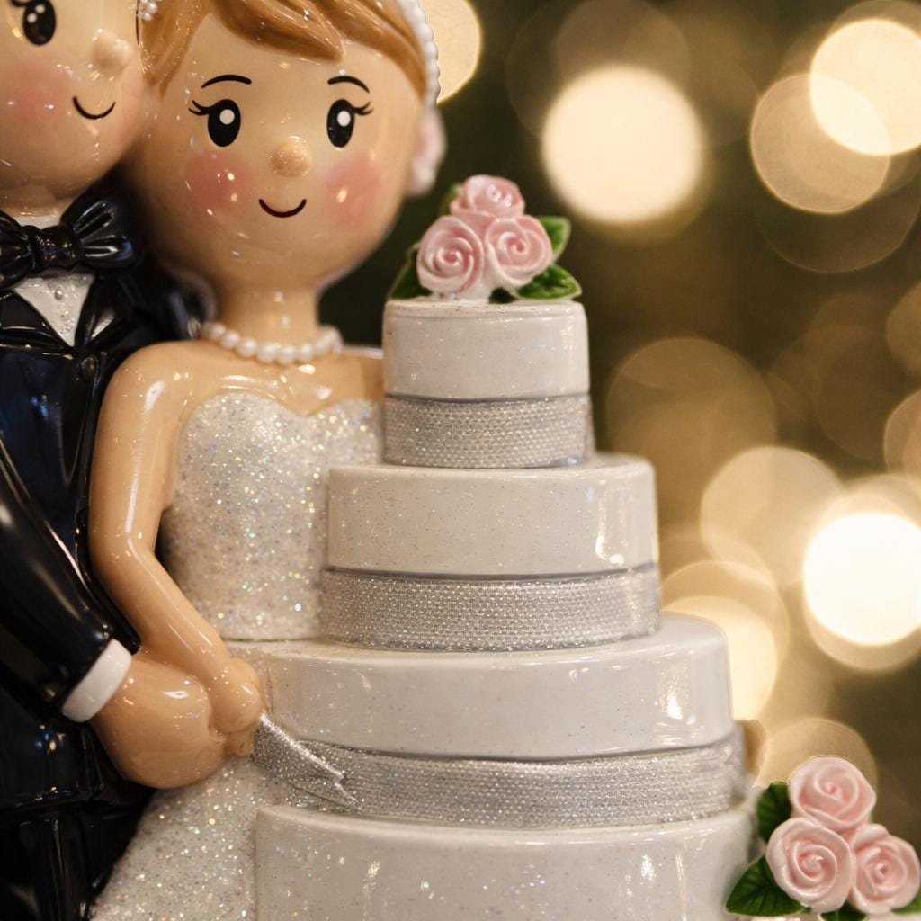 Wedding cake topper with bride and groom figurines against a blurred lights background