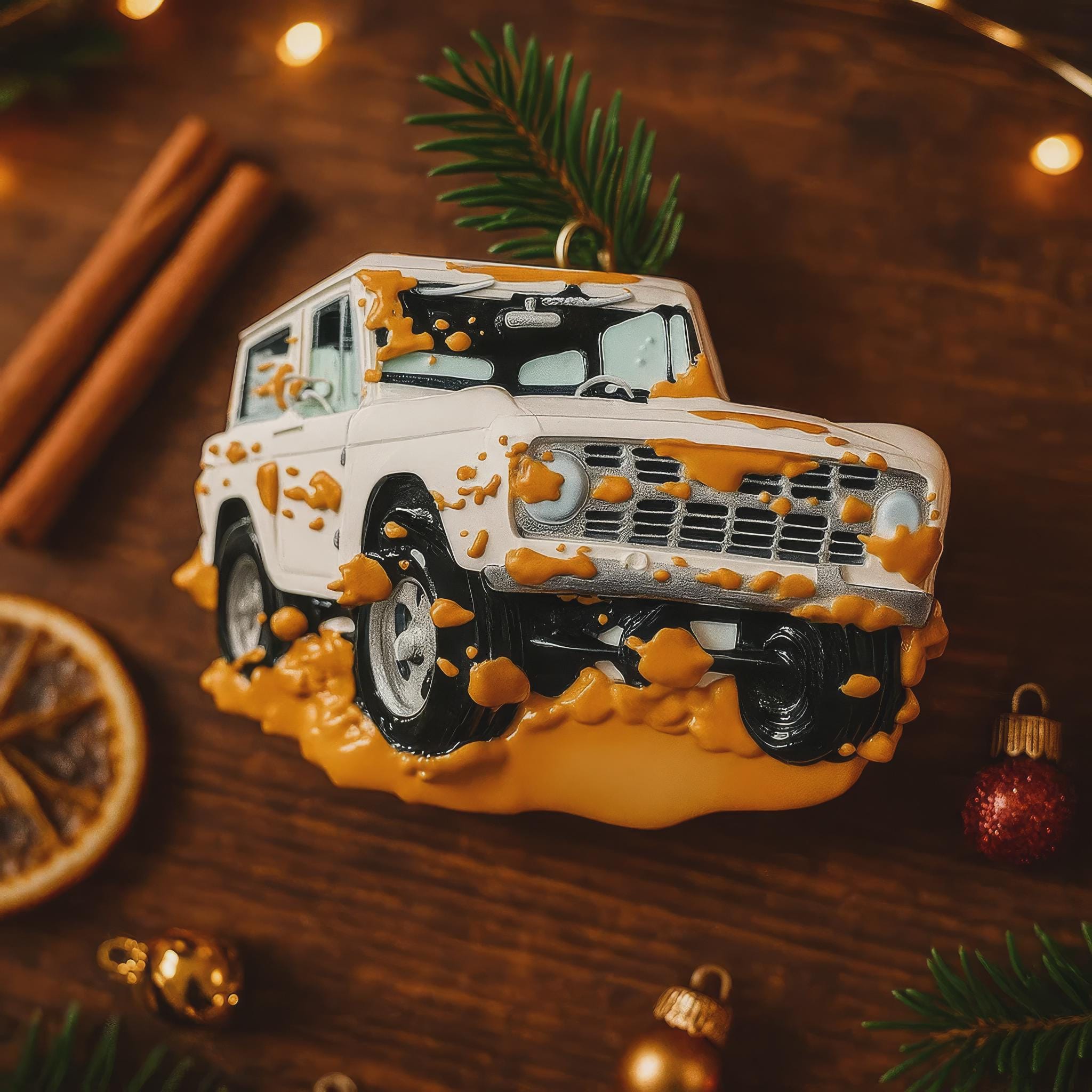 Decorative Christmas ornament shaped like a white SUV with orange mud splashes on a wooden surface.