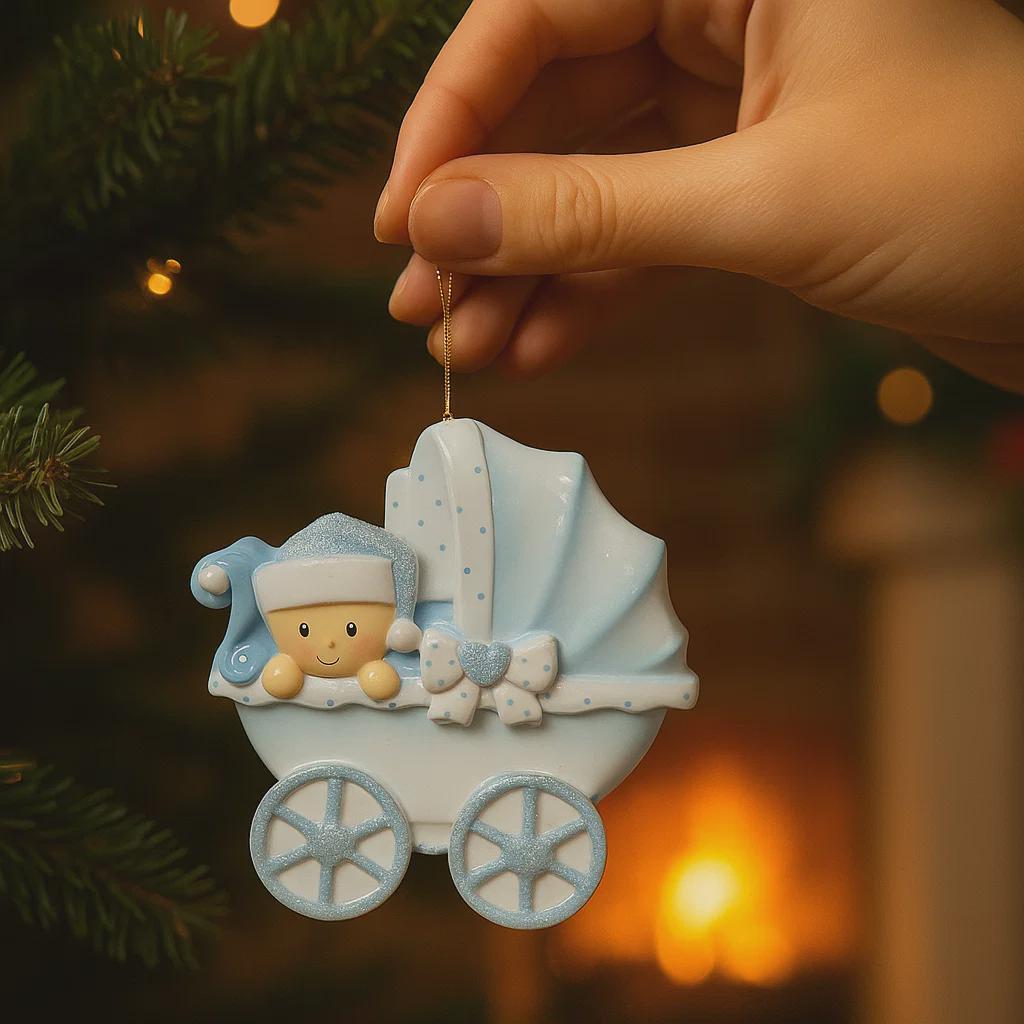 Personalized baby boy Christmas ornament featuring a light blue stroller with glitter details and a smiling baby wearing a blue nightcap. Custom name appears on the top and year on the bottom, making it a perfect Baby’s First Christmas keepsake. This blue resin holiday ornament is ideal for newborn boys, baby shower gifts, and celebrating a special first Christmas memory.