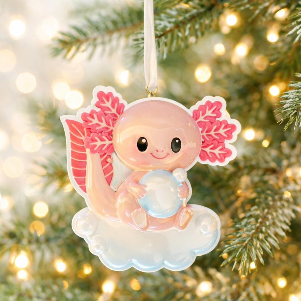 Decorative angel ornament with pink wings hanging on a Christmas tree.