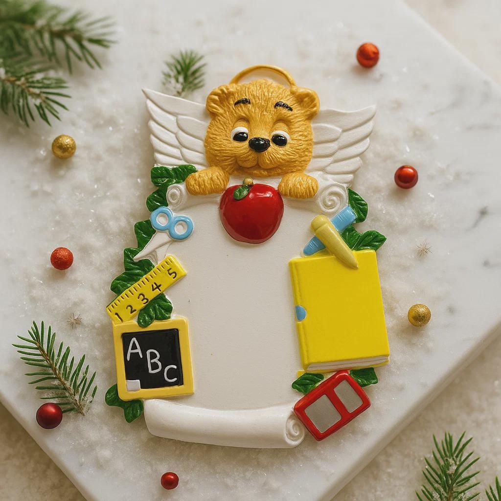 Decorative teacher angel ornament with educational items on a green background with Christmas decorations.