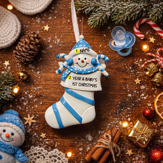 Christmas ornament with snowman design on a wooden surface with festive decorations