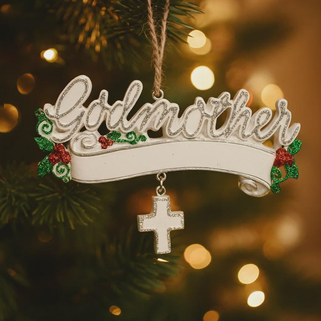Decorative ornament with 'Godmother' text and a cross charm on a Christmas tree.