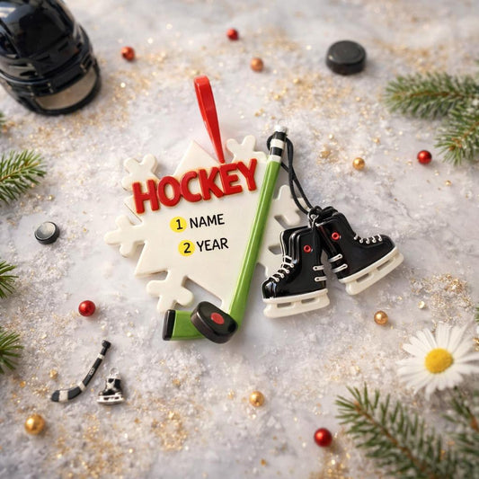 Hockey-themed ornament with customizable text on a decorative background