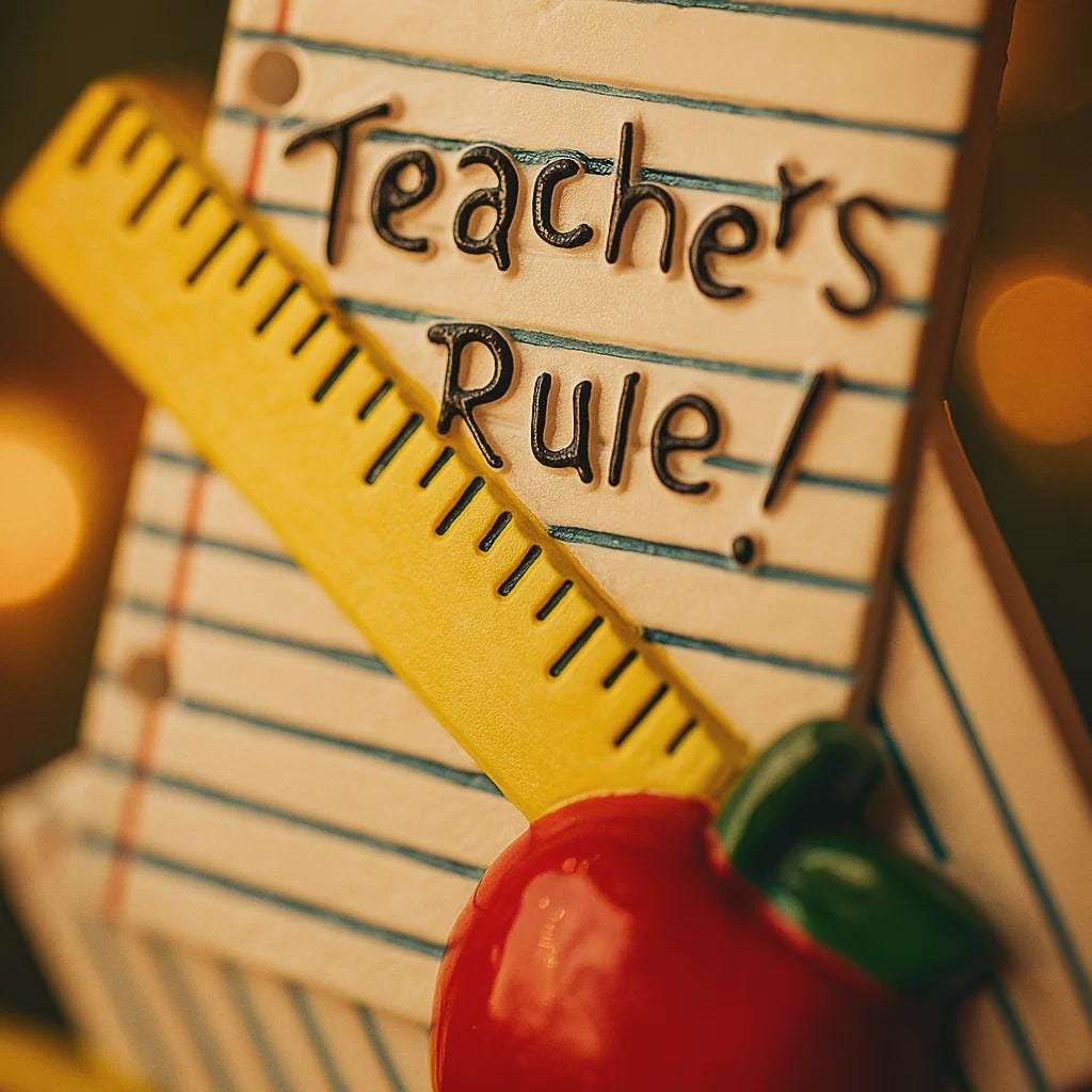 Toy apple with a ruler and 'Teacher's Rule!' text on lined paper
