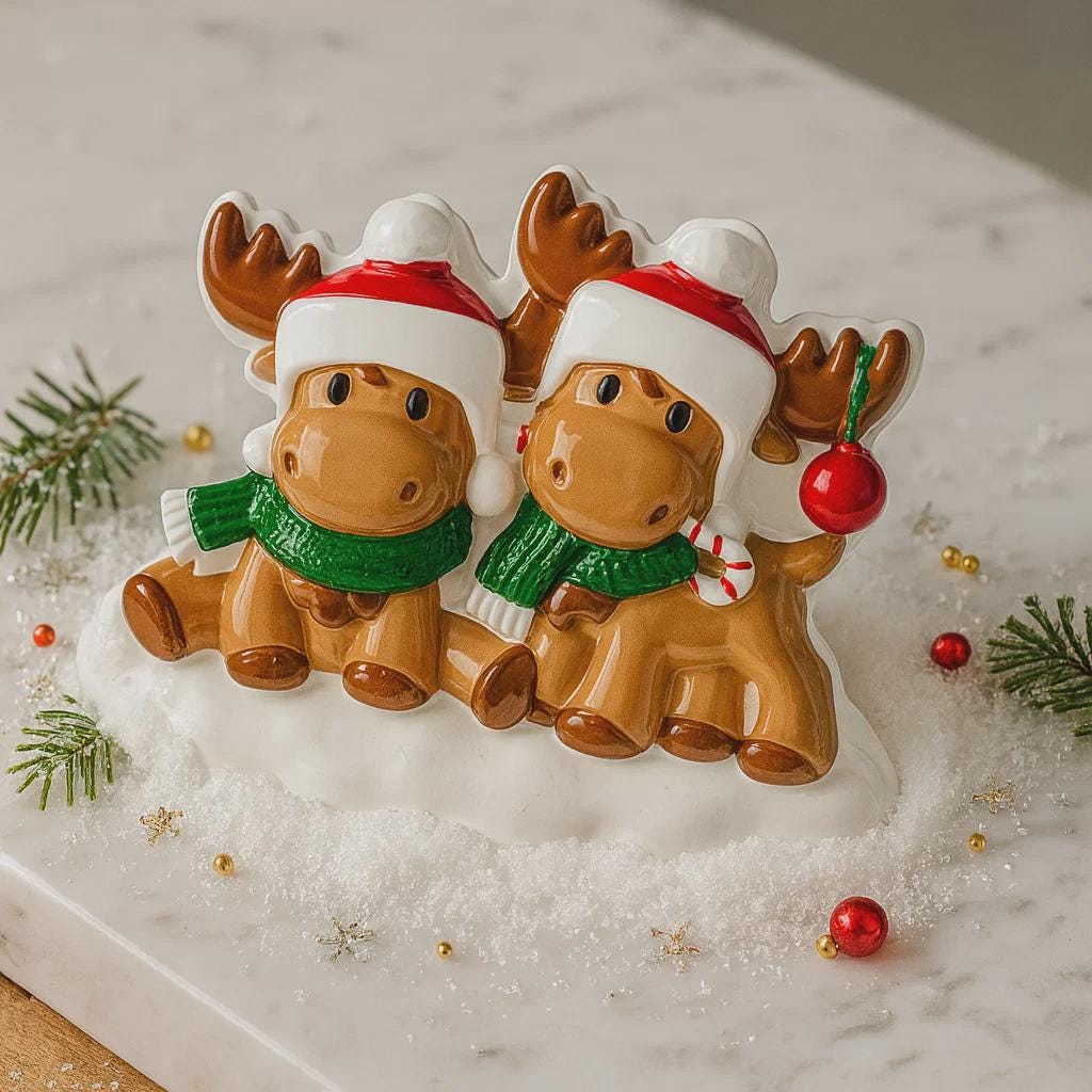 Two moose figurines wearing Santa hats and scarves on a snowy surface with Christmas decorations.