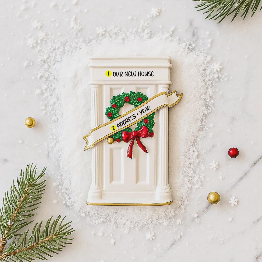 Decorative door with wreath and text on a snowy background