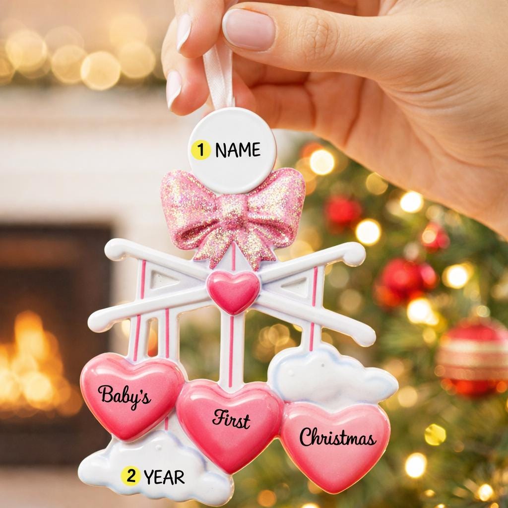 Personalized Baby Girl First Christmas Ornament featuring a dimensional 3D front design with pink glitter bow, heart charms, and hanging cloud detail. The baby’s name is added on the top circle and the year on the cloud, creating a meaningful keepsake. Soft pink tones, layered hearts reading Baby’s First Christmas, and festive holiday accents make it perfect for newborn girl gifts, baby shower presents, and treasured Christmas tree memories.